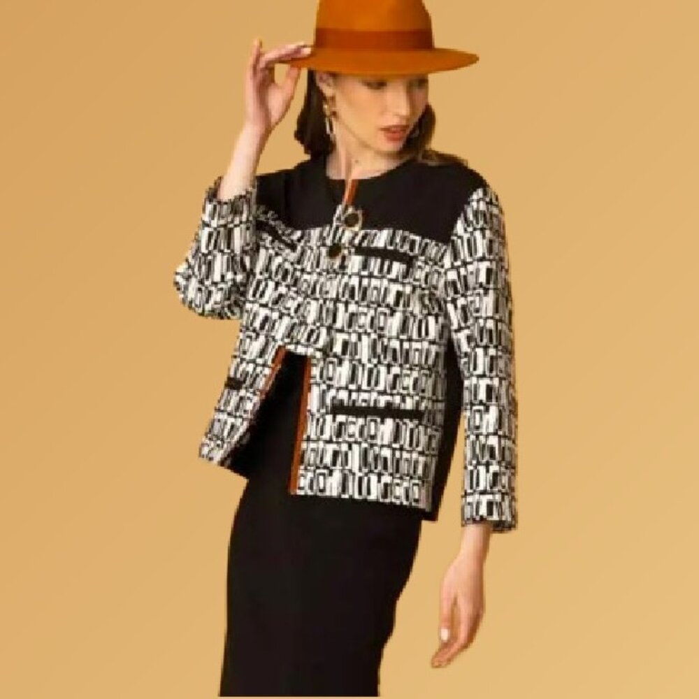 BIANCO NERO Modern Black White Cinnamon Patterned Jacket Excellent Cond Sz XL
